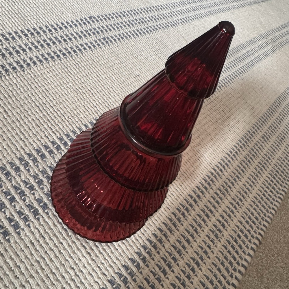 Red Glass Christmas Tree Removable Top Candy Dish Votive Candles Tea Light 10"